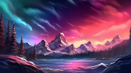 Bothered Mountains with Aurora Borealis. Fuchsia Sky Foundation with copyspace. Creative resource, AI Generated