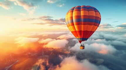 Hot air balloon flying high in the sky during sunset sunrise in the background generative ai