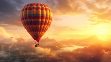 Fototapeta na wymiar Hot air balloon flying high in the sky during sunset sunrise in the background generative ai
