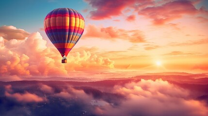 Fototapeta na wymiar Hot air balloon flying high in the sky during sunset sunrise in the background generative ai