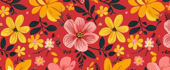 a red background of colorful flowers and leaves, in the style of flat and graphic, maranao art, free brushwork, yellow and pink, kinuko y. craft, nostalgic illustration