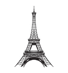 Eiffel tower in France straight view, doodle line sketch, vintage card, symbol of France sticker. Modern engraving on a white background.