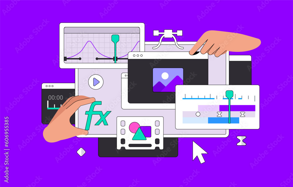 Poster motion design layout vector illustration with hands. dashboard for creating video effects