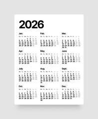Annual calendar template for 2026 year. Week Starts on Monday. Business calendar in a minimalist style for 2026 year.