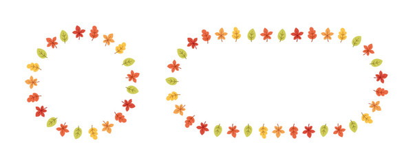 Autumn leaves round frame set. Wreath of fall elements, Halloween, Thanksgiving border template. Vector illustration.