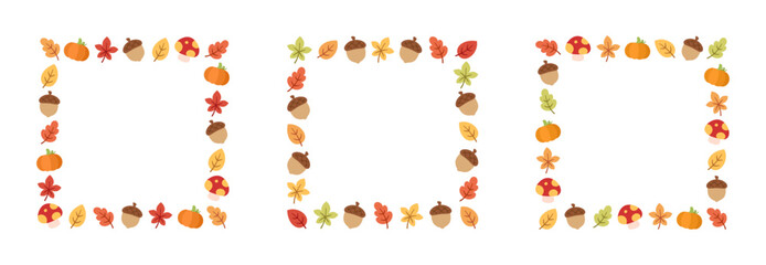 Autumn square frame with leaves, acorns and pumpkins set. Modern vector illustration. Halloween, Thanksgiving border template.