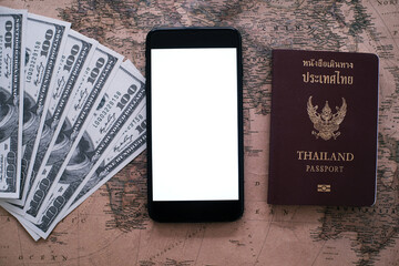 Travel and tourism concept with Smartphone mock up template Preparation for travelers.