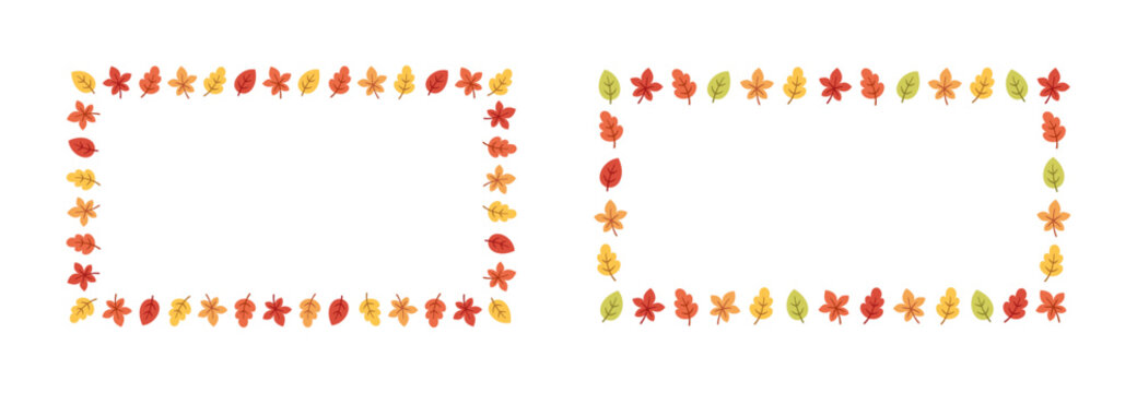 Rectangle autumn frame made of leaves set. Modern vector illustration. Halloween, Thanksgiving fall border template.