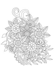 Floral doodle pattern in black and white for coloring. Beautiful bouquet of flowers in black and white for colorbook or design on a card