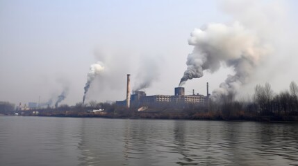 Fototapeta premium industrial factory smoke stack releasing black smoke into the air and environmentMade with the highest quality generative AI tools