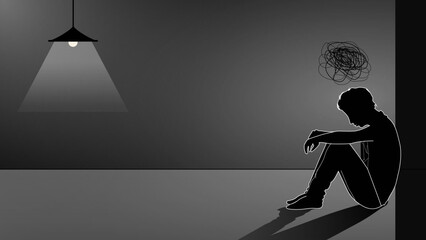 Unhappy Silhouette of very sad young man sitting alone, Depressed young man sitting on ground and leaning against wall. Flat isolated vector illustration