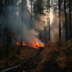 Fototapeta na wymiar Forest fire. fallen tree is burned to the ground a lot of smoke when vildfire. generative ai
