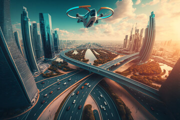 ドローンが飛び交う未来都市：AI生成画像