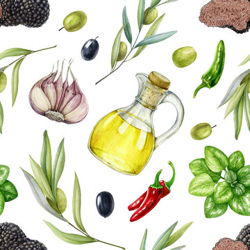 Culinary fresh ingredients seamless pattern. Watercolor illustration. Mediterranean cuisine fresh elements seamless pattern. Painted glass oil bottle, truffle, olive branch, olives, garlic elements
