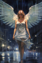 City Angel. Generative AI.
A digital painting of an angel on wet city streets at night.