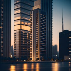 Architectural elegance at twilight, capturing sleek modern skyscraper details with clean lines, symmetry, and a nostalgic vintage charm
