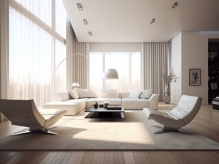 Naklejka na ściany i meble Minimal white modern living room with modern comfortable furniture. Generative AI