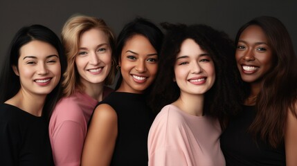 Obraz premium Girls women multiracial multinational happy laughing on one color monochrome background pastel color