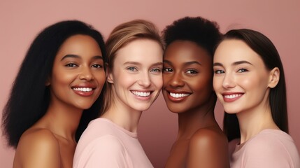 Obraz premium Girls women multiracial multinational happy laughing on one color monochrome background pastel color