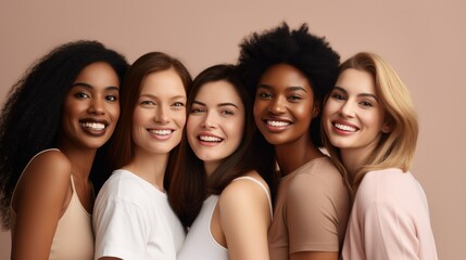 Obraz premium Girls women multiracial multinational happy laughing on one color monochrome background pastel color