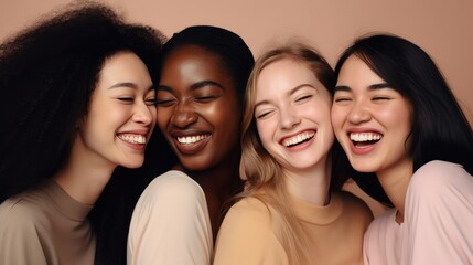 Obraz premium Girls woman multiracial multinational happy laughing on one color monochrome background pastel color