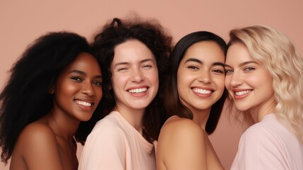 Obraz premium Girls woman multiracial multinational happy laughing on one color monochrome background pastel color