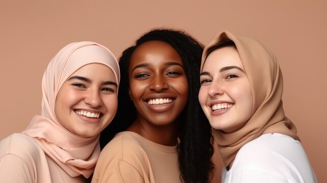 Girls women multiracial multinational happy laughing on one color monochrome background pastel color