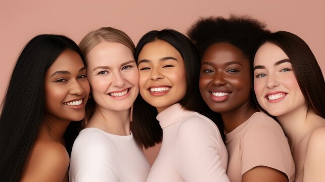 Girls women multiracial multinational happy laughing on one color monochrome background pastel color