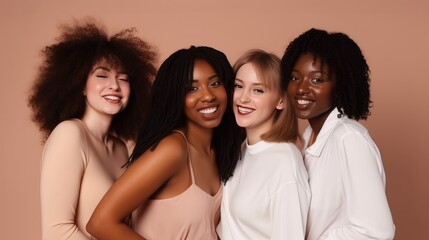 Fototapeta premium Girls woman multiracial multinational happy laughing on one color monochrome background pastel color