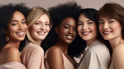 Fototapeta premium Girls woman multiracial multinational happy laughing on one color monochrome background pastel color
