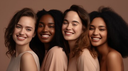 Obraz premium Girls woman multiracial multinational happy laughing on one color monochrome background pastel color