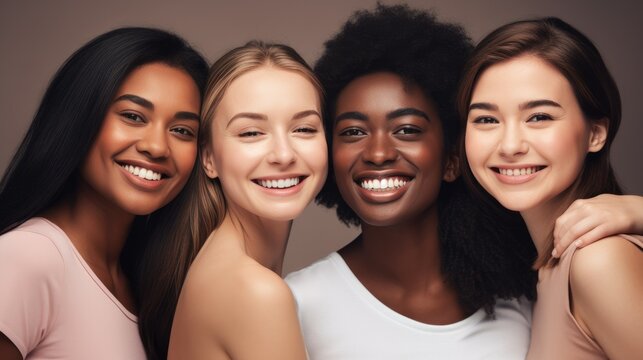 Girls woman multiracial multinational happy laughing on one color monochrome background pastel color