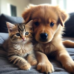 Fototapeta na wymiar Best friends - kitten and small fluffy dog looking. Generative ai