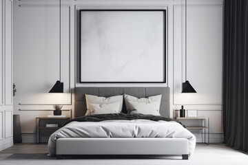 A cozy bedroom featuring a mockup poster frame with a canvas print and patterned pillows and blankets. The lighting and greenery make the atmosphere relaxing. This mockup is AI generative.