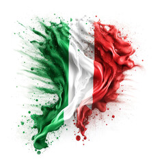 Italian Wave flag, fine powder exploding on a white background.