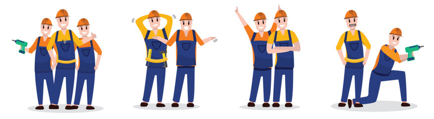 builders, handymen, repairmen in helmets. male builders dressed in work clothes, standing in group.satisfied, joyful, disappointed, frustrated, incomprehensible builders. cartoon characters.