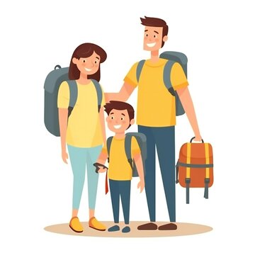Happy Family travel together. Parents with children at the airport. Smiling man with luggage Generative ai