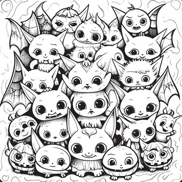 Black and white coloring pages Halloween for kids, simple lines, vector , cute Halloween, Boo!, Halloween Background, easy coloring pages, for kids , thick lines, low detail, outline