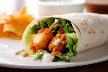 A buffalo chicken wrap with tender chicken, crisp lettuce, and a creamy dressing. (Generative AI) - obrazy, fototapety, plakaty
