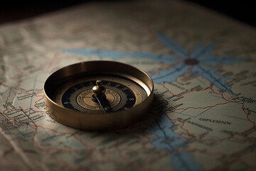 Fototapeta na wymiar A compass rests on top of a road map. Photographed with a very shallow depth o field Generative AI