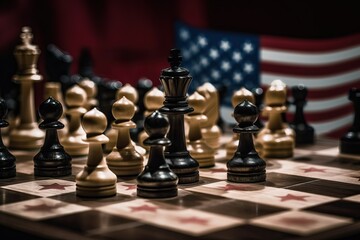 A chess game of USA geopolitical game. The concept of the struggle between China and America for control in the world, generative AI.