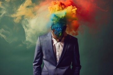 Emotional burnout of an office worker. Head explosion concept with different colors and colorful smoke