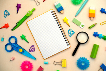 Different stationery.Top view of student table  stationery and education supplies. Back to school