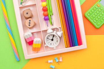 Stylish colored stationery.  Workplace. Organization of a drawer at the workplace. Storage and order of office supplies. Concept back to school.