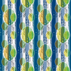 Seamless abstract geometric pattern. Decorative figures on a striped background. - 606965546