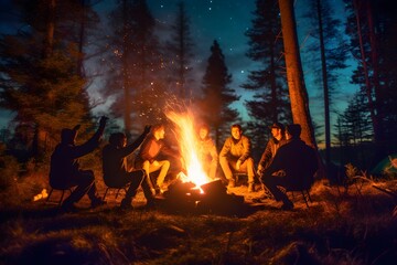 A group of friends gathered around a campfire, their faces illuminated by the warm glow, radiating joy and camaraderie amidst a backdrop of starry skies and wilderness.