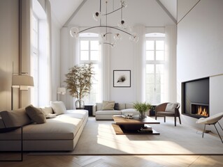 Fototapeta premium Minimal white modern living room with modern comfortable furniture. Generative AI