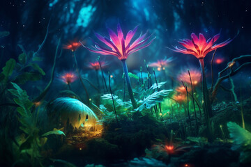 A dense jungle teeming with vibrant, bioluminescent flora, creating a surreal and ethereal atmosphere