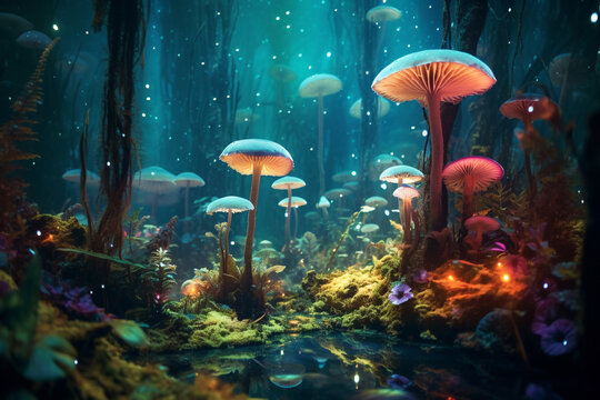 A dense jungle teeming with vibrant, bioluminescent flora, creating a surreal and ethereal atmosphere