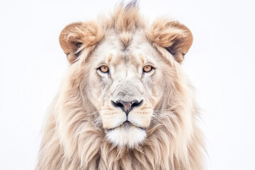Fototapeta premium Portrait of a Male adult lion, Panthera Leo, isolated on white, Generative AI
